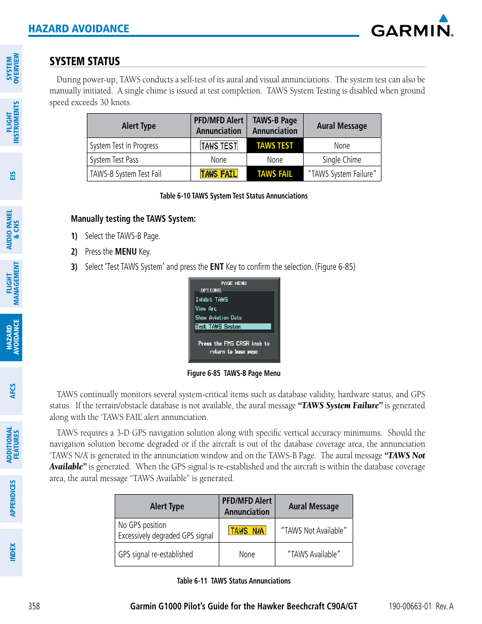 System status, Hazard avoidance | Garmin G1000 King Air C90GT User Manual | Page 372 / 586