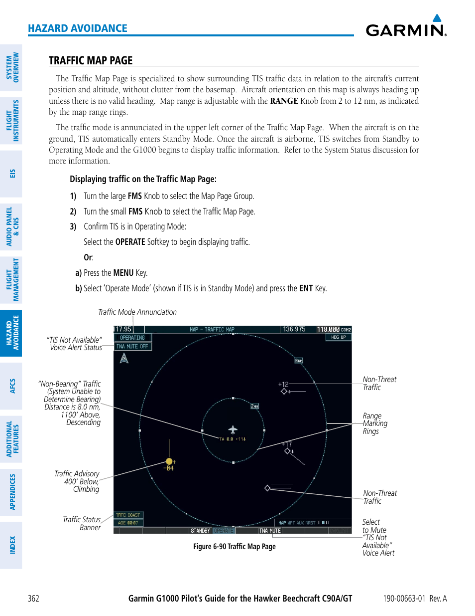Traffic map page, Hazard avoidance | Garmin G1000 King Air C90GT User Manual | Page 376 / 586