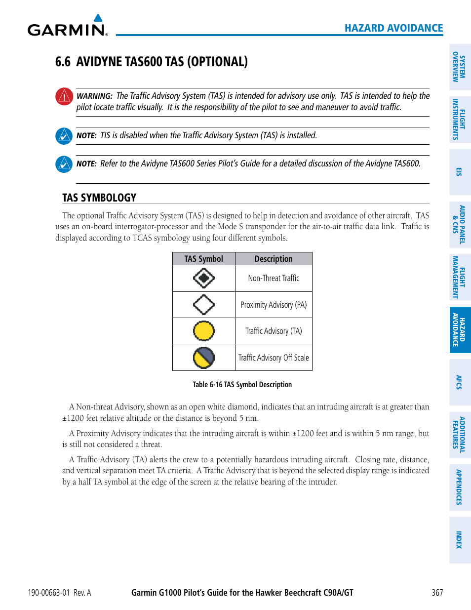 6 avidyne tas600 tas (optional), Tas symbology, Hazard avoidance | Garmin G1000 King Air C90GT User Manual | Page 381 / 586