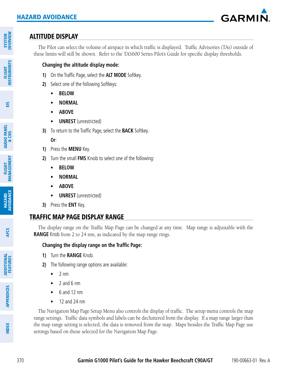 Altitude display, Traffic map page display range, Hazard avoidance | Garmin G1000 King Air C90GT User Manual | Page 384 / 586