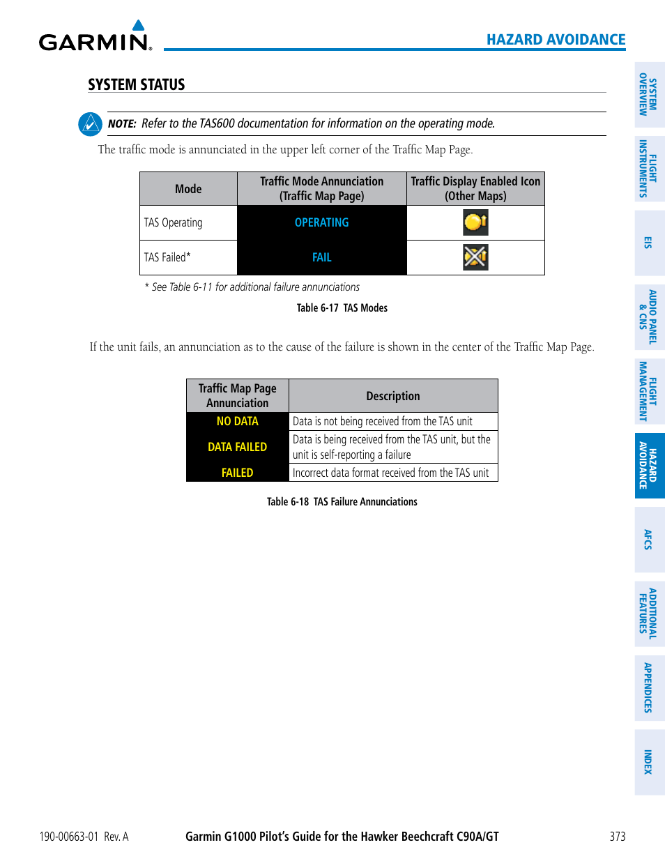 System status, Hazard avoidance | Garmin G1000 King Air C90GT User Manual | Page 387 / 586