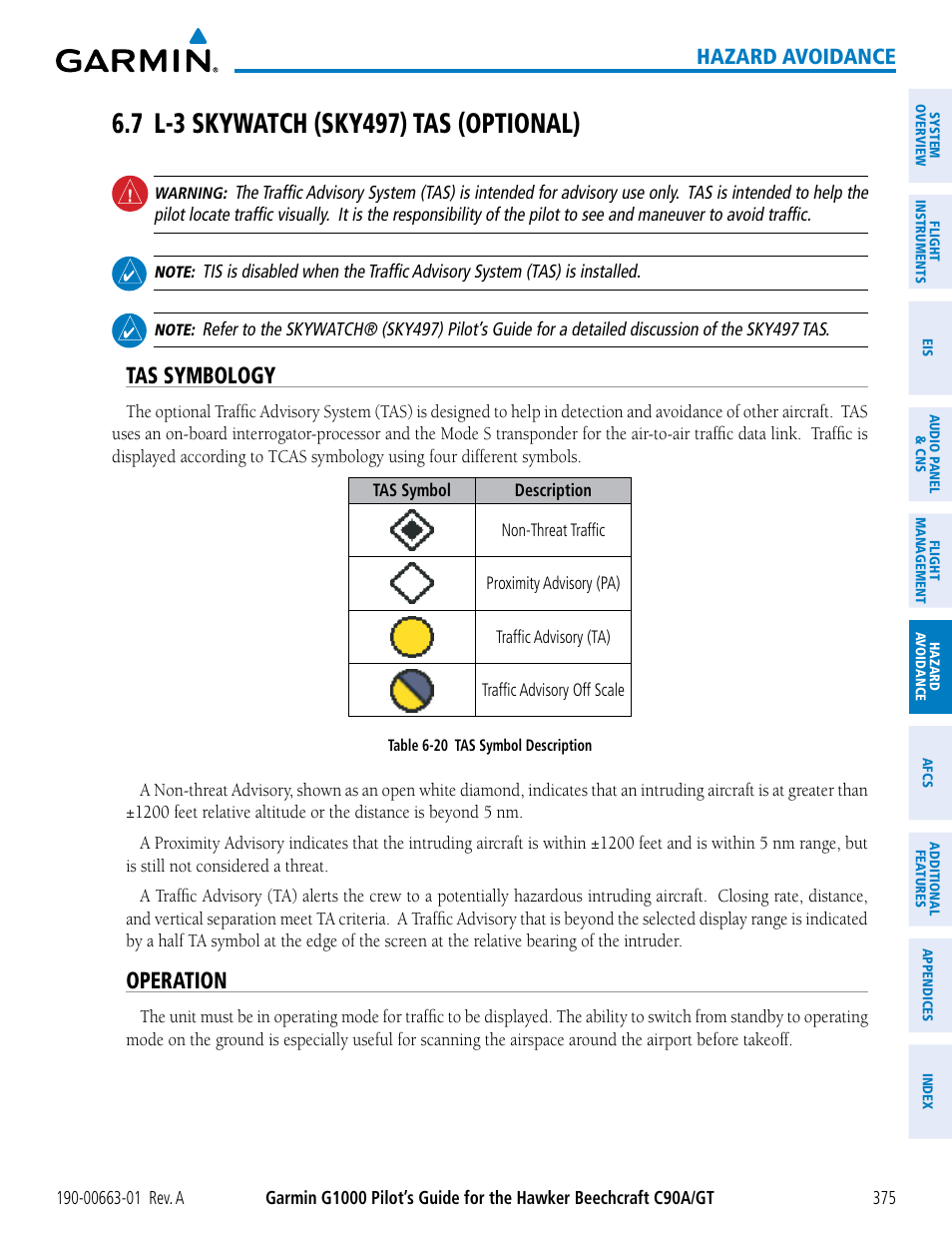 7 l-3 skywatch (sky497) tas (optional), Tas symbology, Operation | Hazard avoidance | Garmin G1000 King Air C90GT User Manual | Page 389 / 586