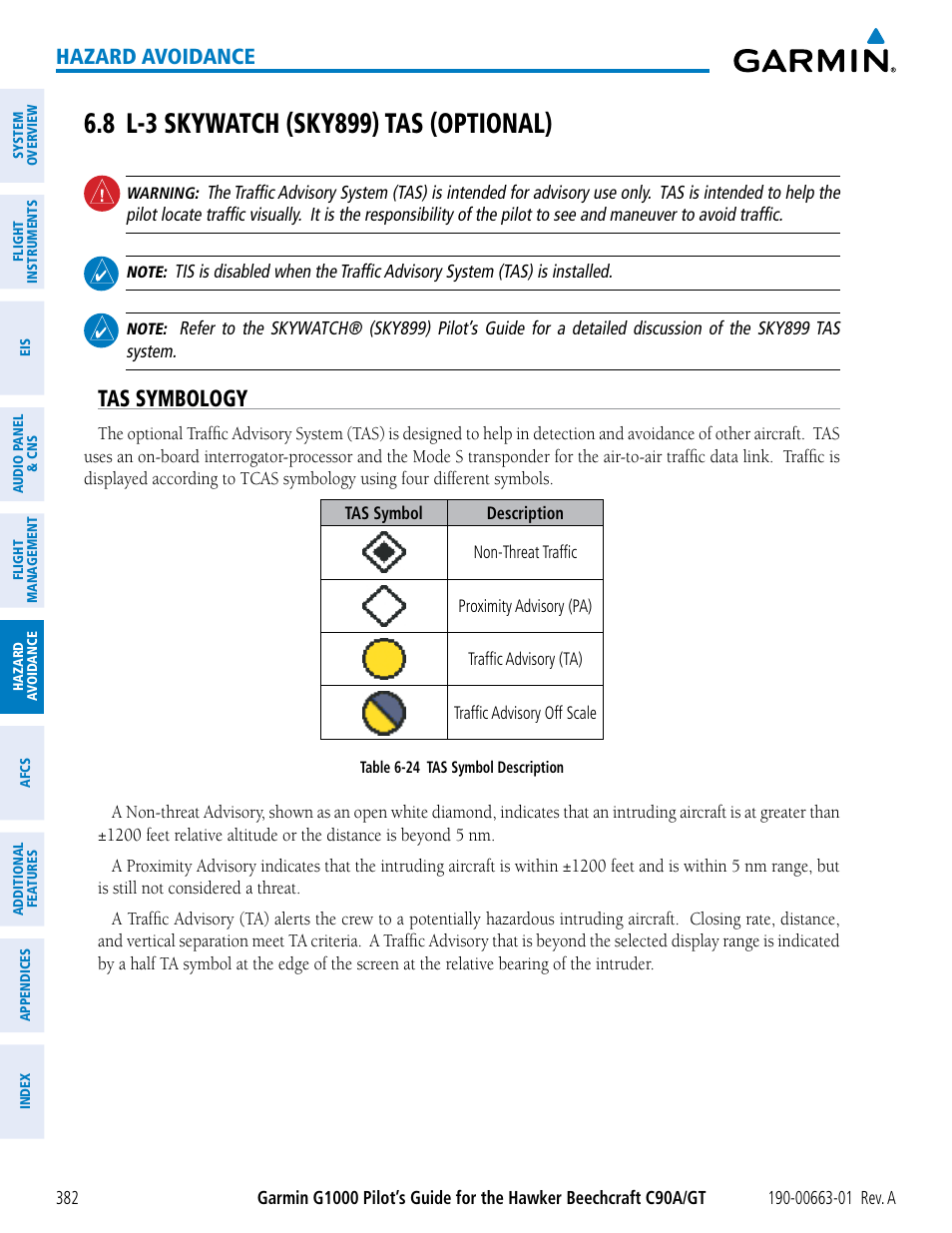 8 l-3 skywatch (sky899) tas (optional), Tas symbology, Hazard avoidance | Garmin G1000 King Air C90GT User Manual | Page 396 / 586