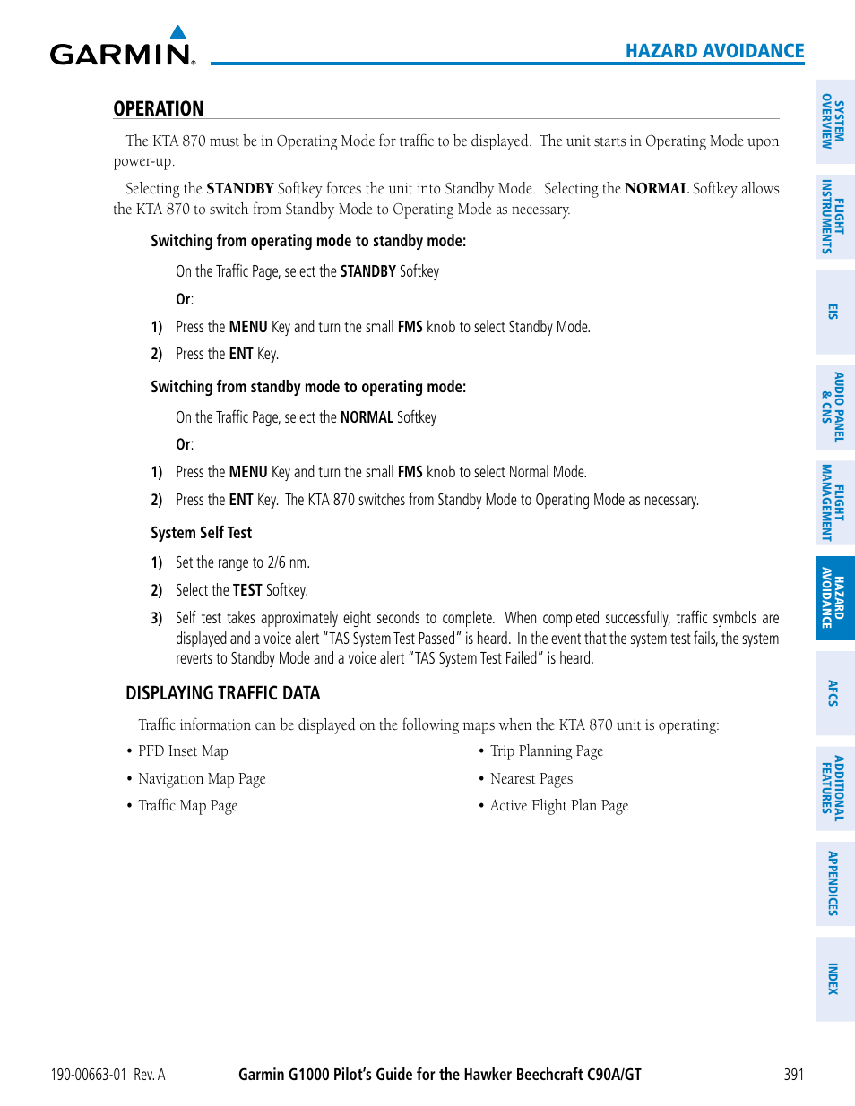 Operation, Hazard avoidance, Displaying traffic data | Garmin G1000 King Air C90GT User Manual | Page 405 / 586