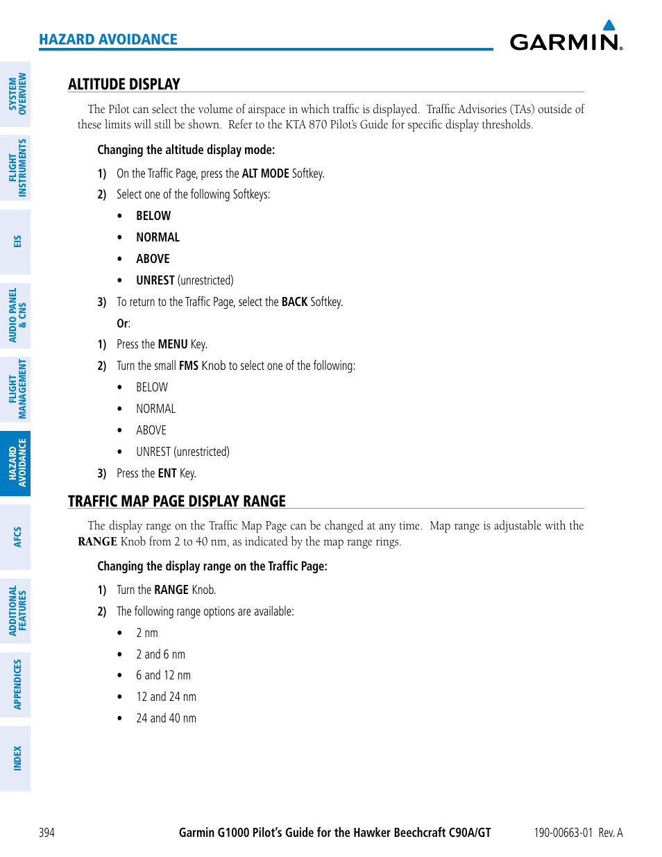 Altitude display, Traffic map page display range, Hazard avoidance | Garmin G1000 King Air C90GT User Manual | Page 408 / 586