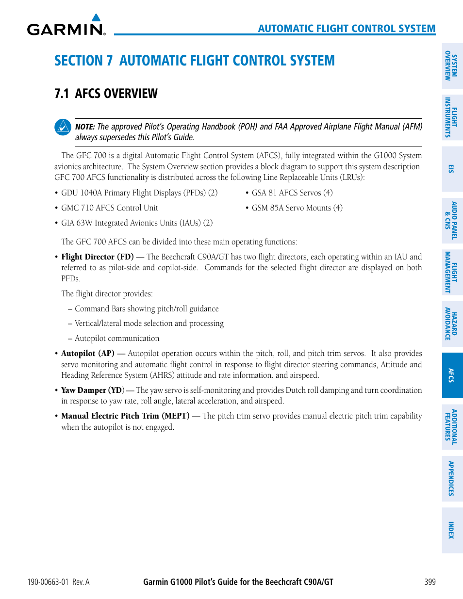 Section 7 automatic flight control system, 1 afcs overview, Automatic flight control system | Garmin G1000 King Air C90GT User Manual | Page 413 / 586