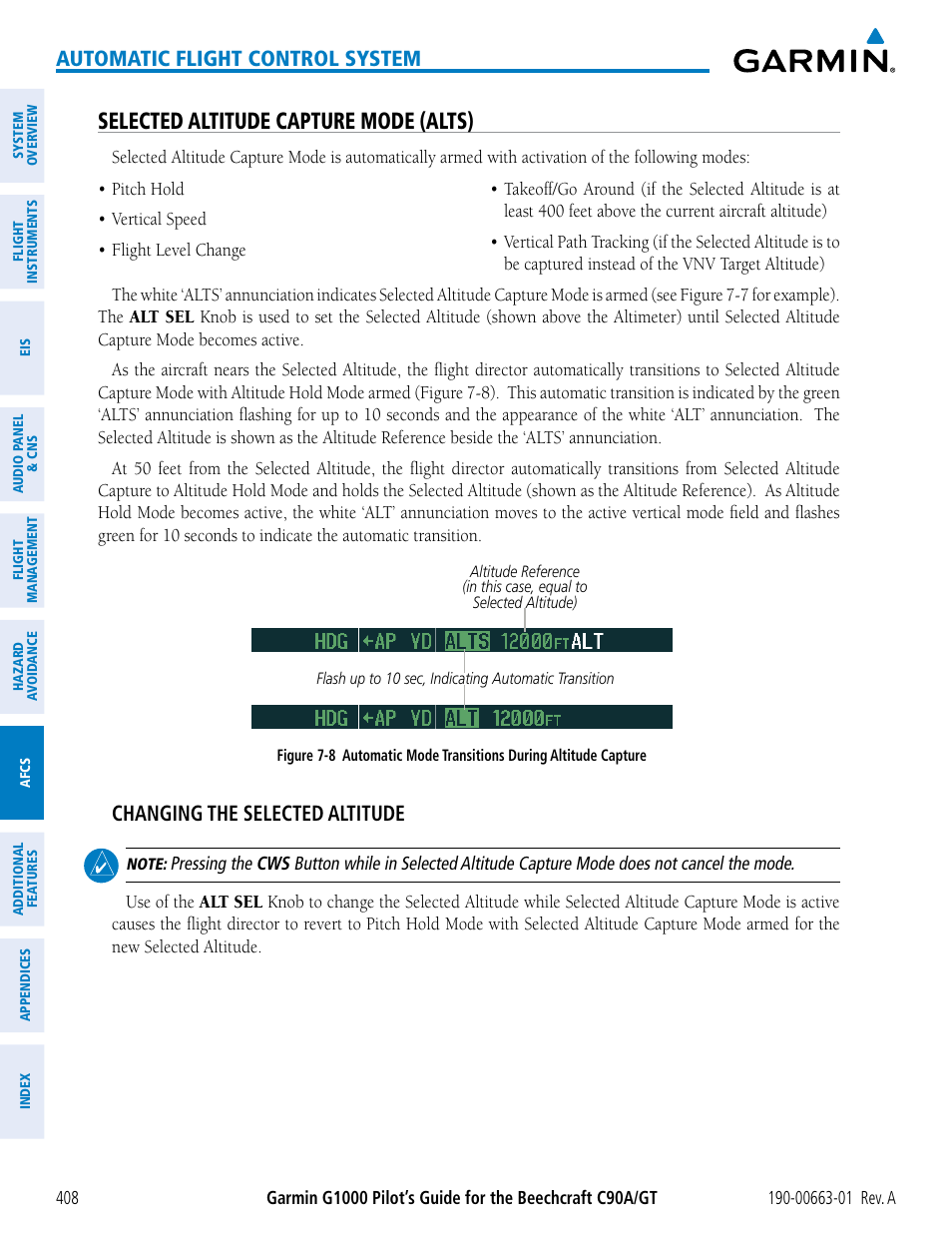 Selected altitude capture mode (alts), Automatic flight control system, Changing the selected altitude | Garmin G1000 King Air C90GT User Manual | Page 422 / 586