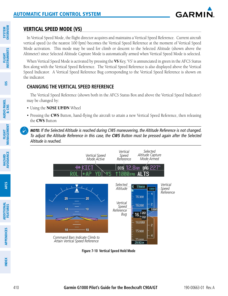 Vertical speed mode (vs), Automatic flight control system, Changing the vertical speed reference | Garmin G1000 King Air C90GT User Manual | Page 424 / 586