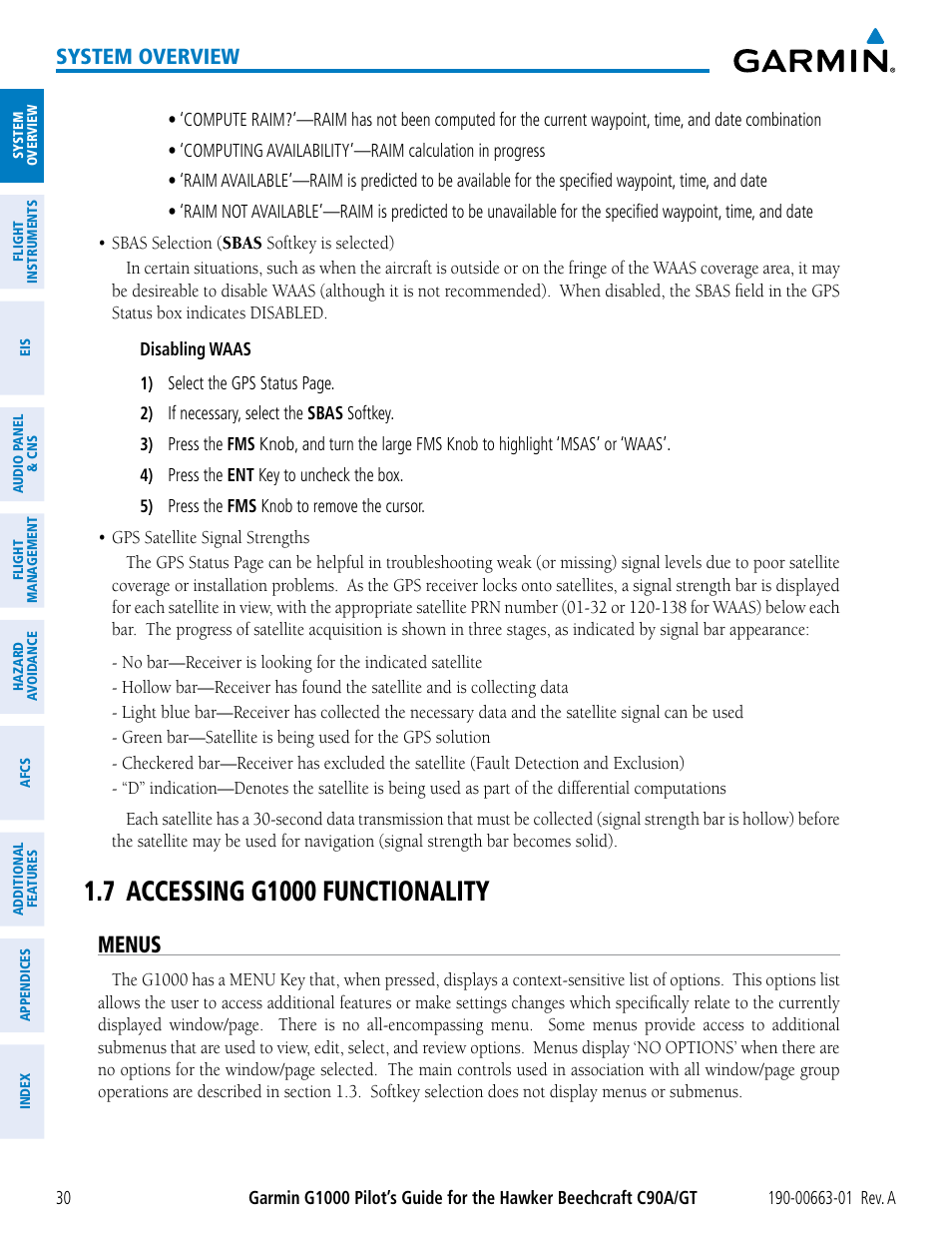 7 accessing g1000 functionality, Menus, System overview | Garmin G1000 King Air C90GT User Manual | Page 44 / 586