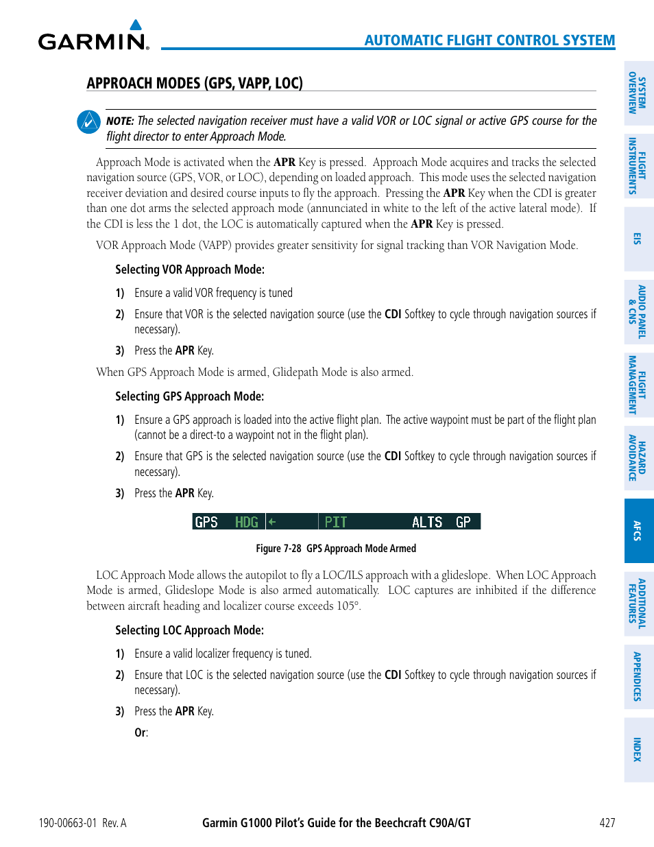 Approach modes (gps, vapp, loc), Automatic flight control system | Garmin G1000 King Air C90GT User Manual | Page 441 / 586