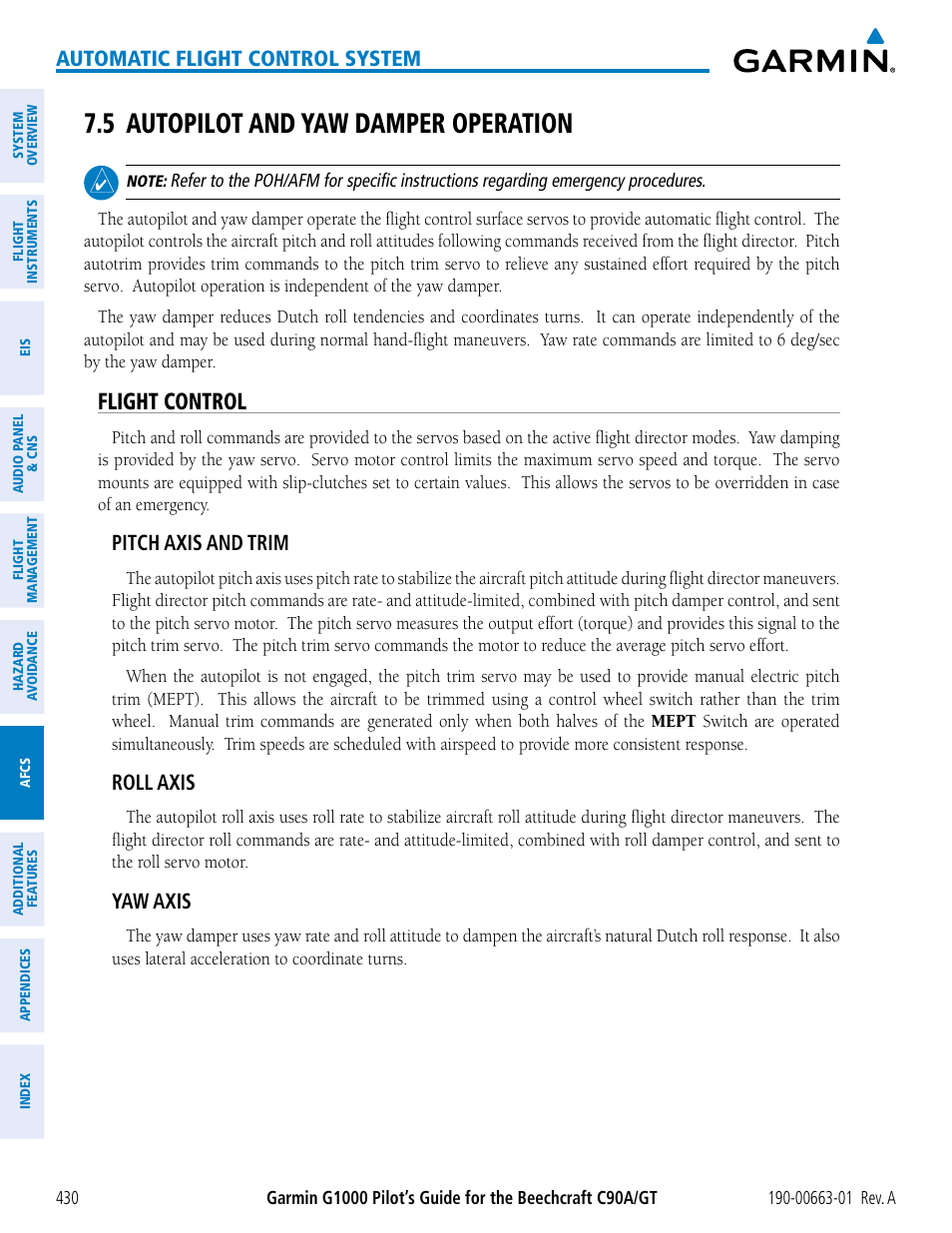 5 autopilot and yaw damper operation, Flight control, Automatic flight control system | Pitch axis and trim, Roll axis, Yaw axis | Garmin G1000 King Air C90GT User Manual | Page 444 / 586