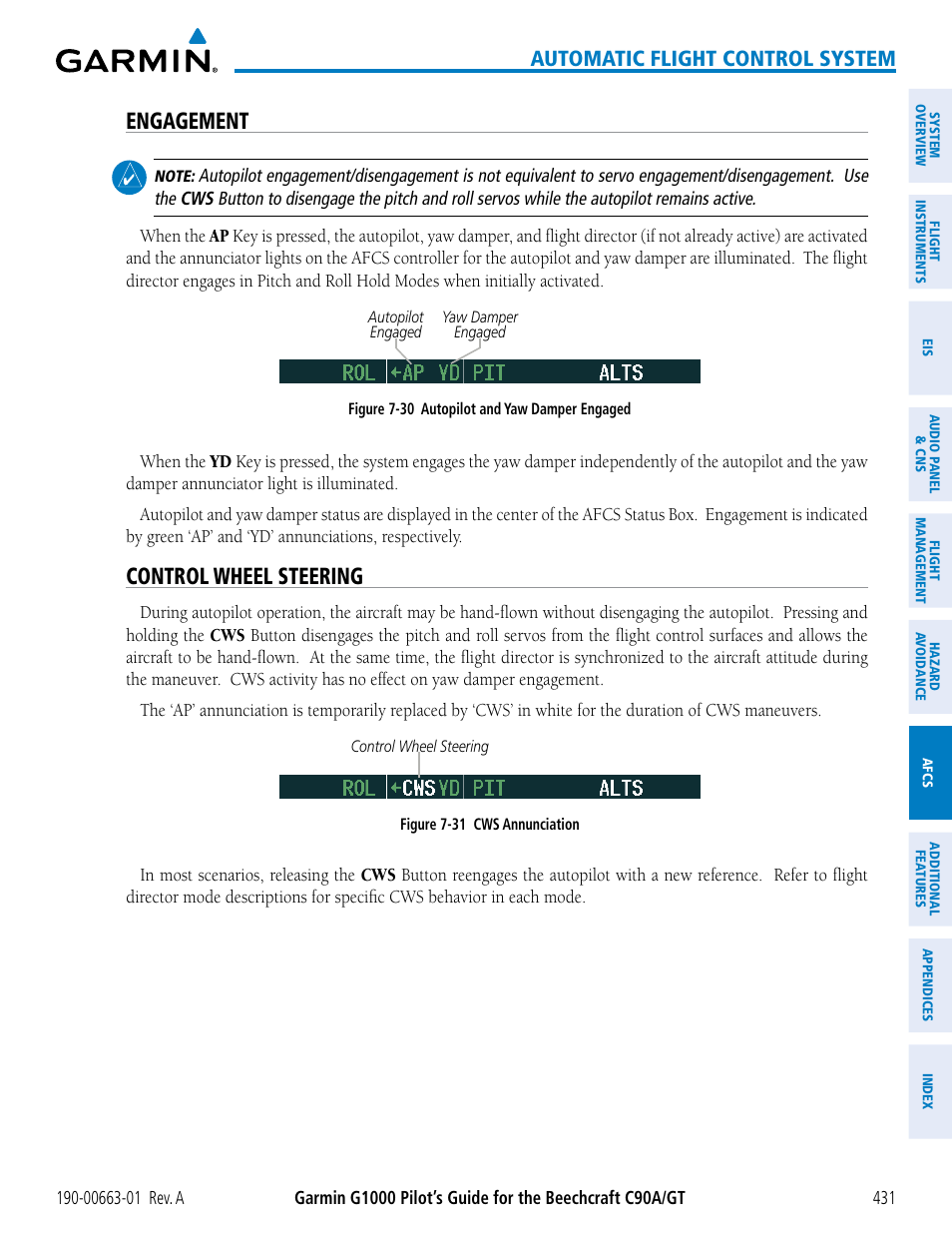 Engagement, Control wheel steering, Automatic flight control system | Garmin G1000 King Air C90GT User Manual | Page 445 / 586