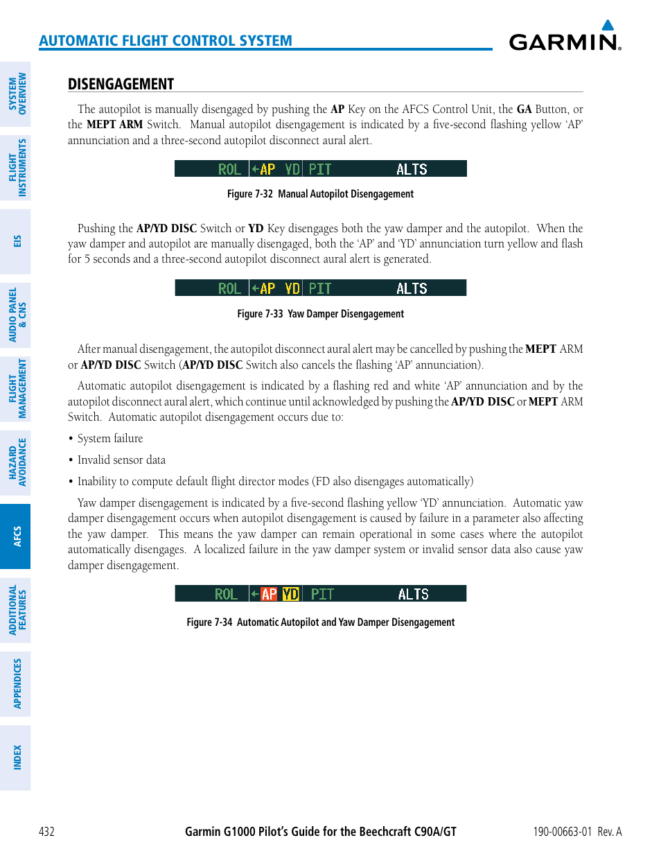 Disengagement, Automatic flight control system | Garmin G1000 King Air C90GT User Manual | Page 446 / 586