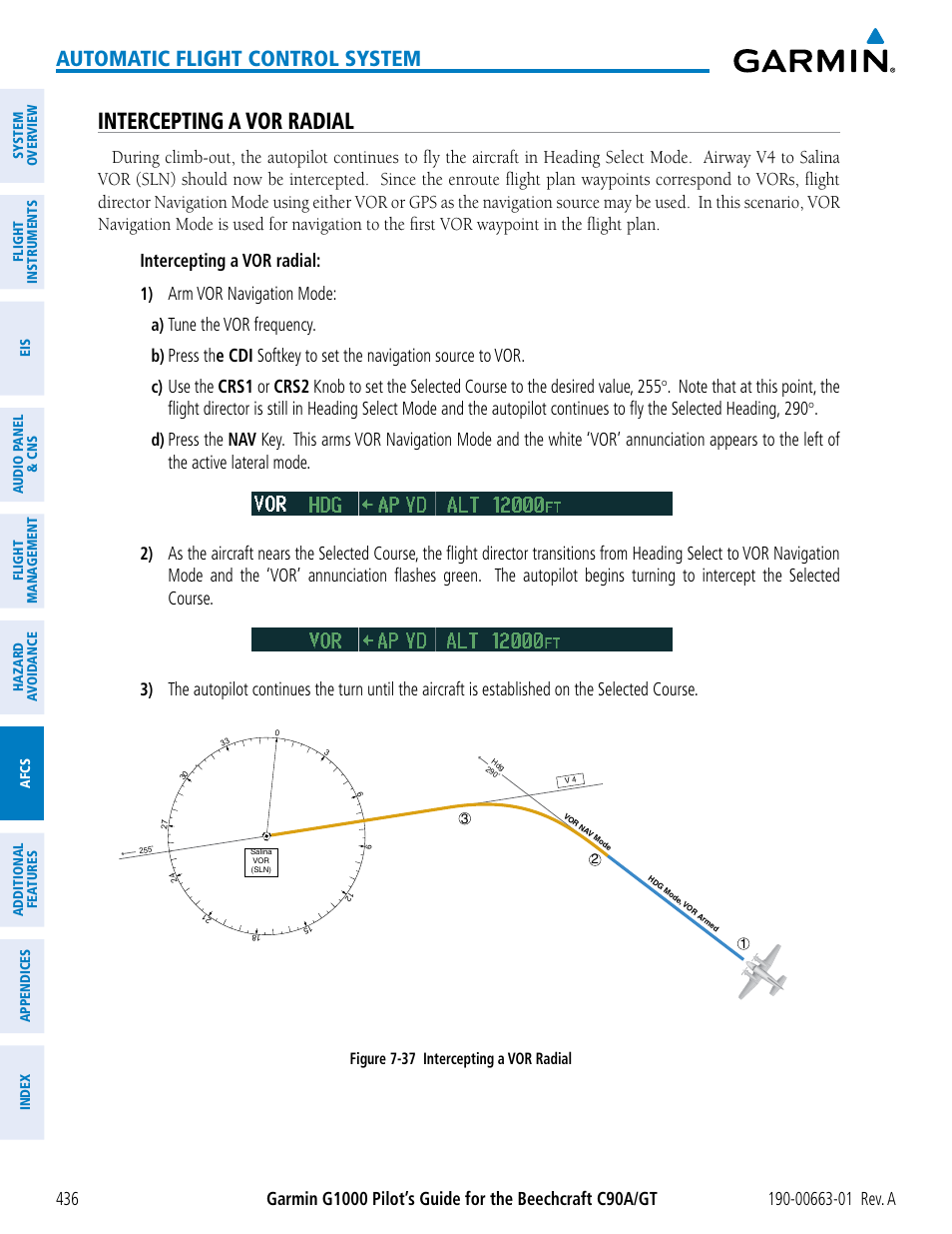 Intercepting a vor radial, Automatic flight control system, Arm vor navigation mode | Tune the vor frequency | Garmin G1000 King Air C90GT User Manual | Page 450 / 586