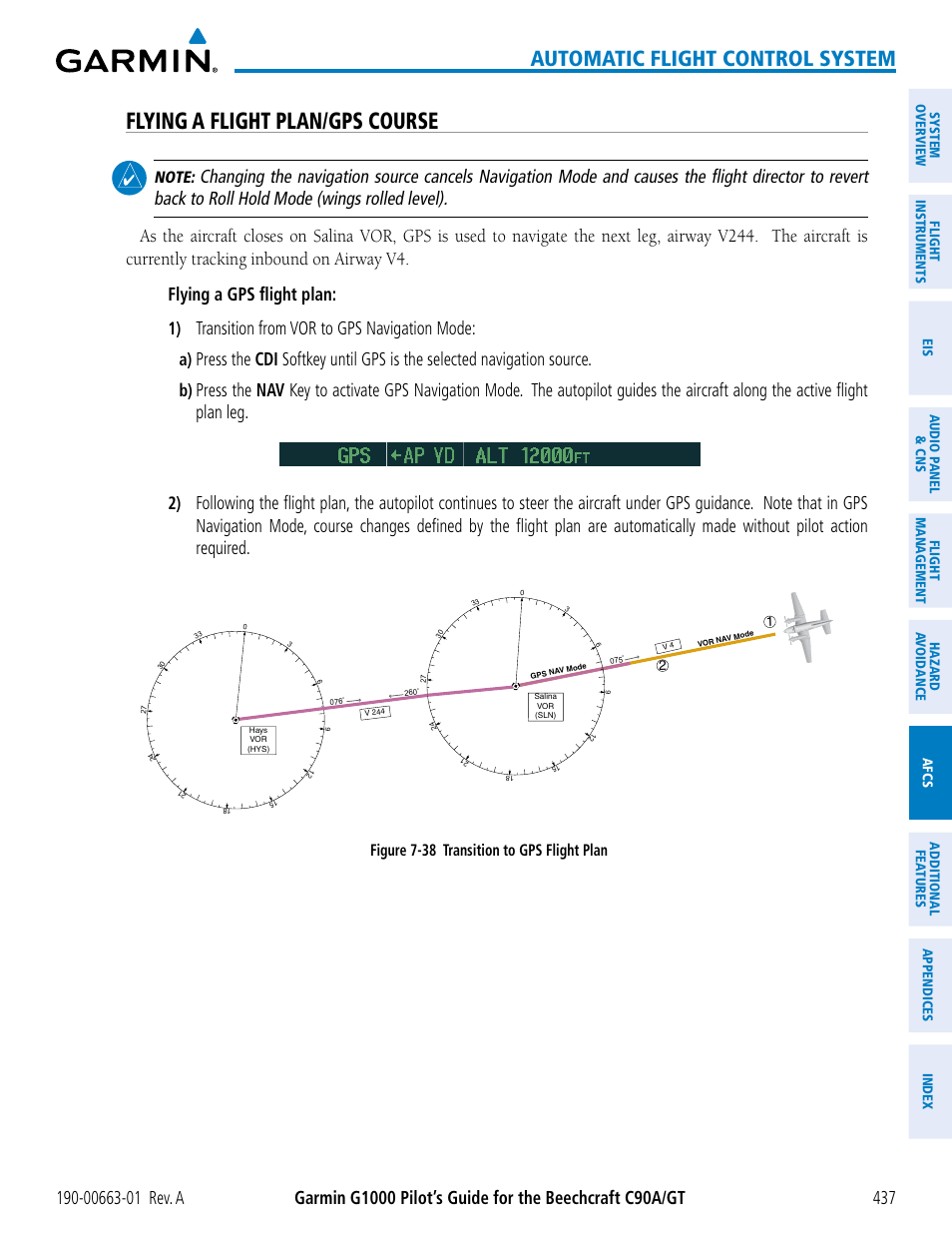 Flying a flight plan/gps course, Automatic flight control system, Transition from vor to gps navigation mode | Figure 7-38 transition to gps flight plan | Garmin G1000 King Air C90GT User Manual | Page 451 / 586