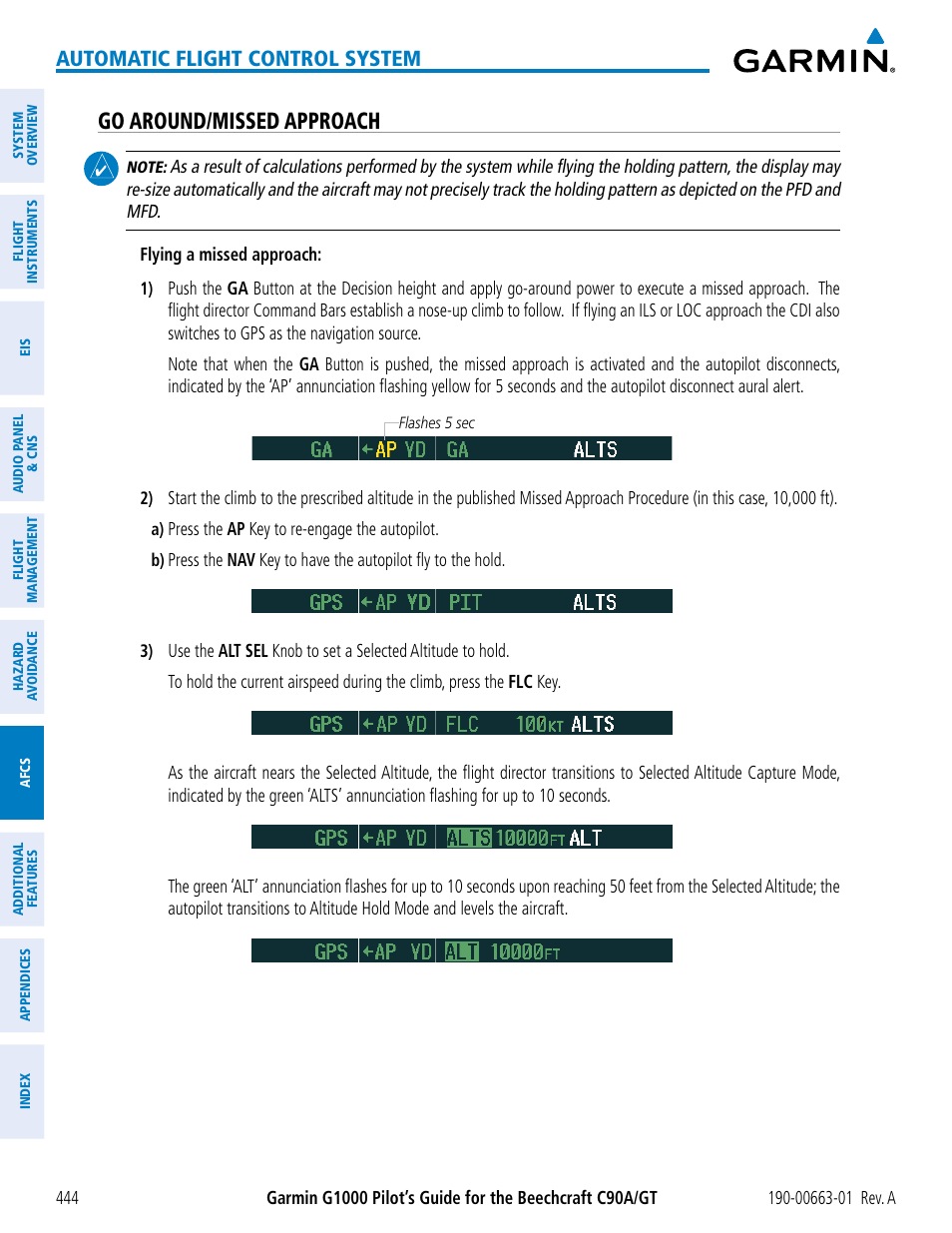 Go around/missed approach, Automatic flight control system | Garmin G1000 King Air C90GT User Manual | Page 458 / 586