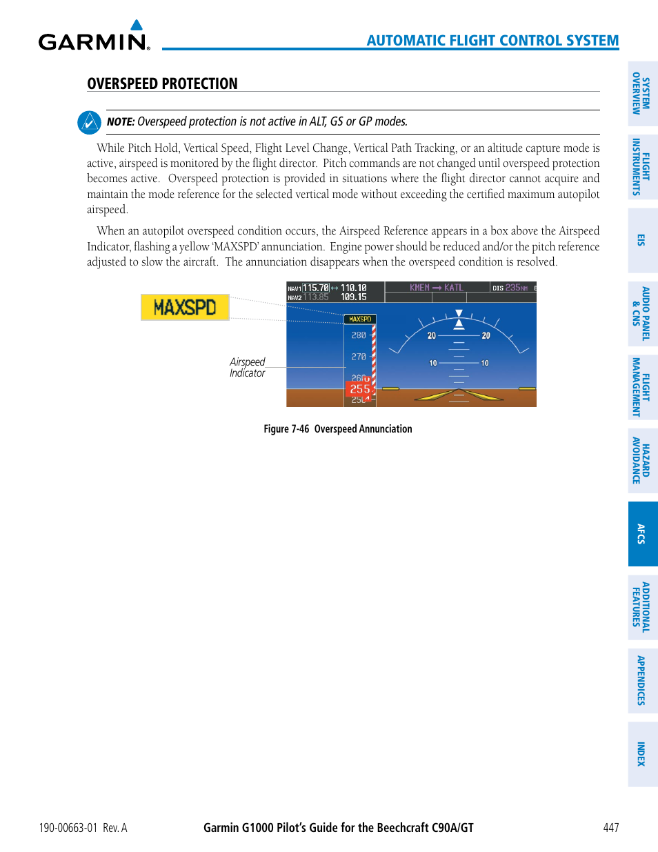 Overspeed protection, Automatic flight control system | Garmin G1000 King Air C90GT User Manual | Page 461 / 586