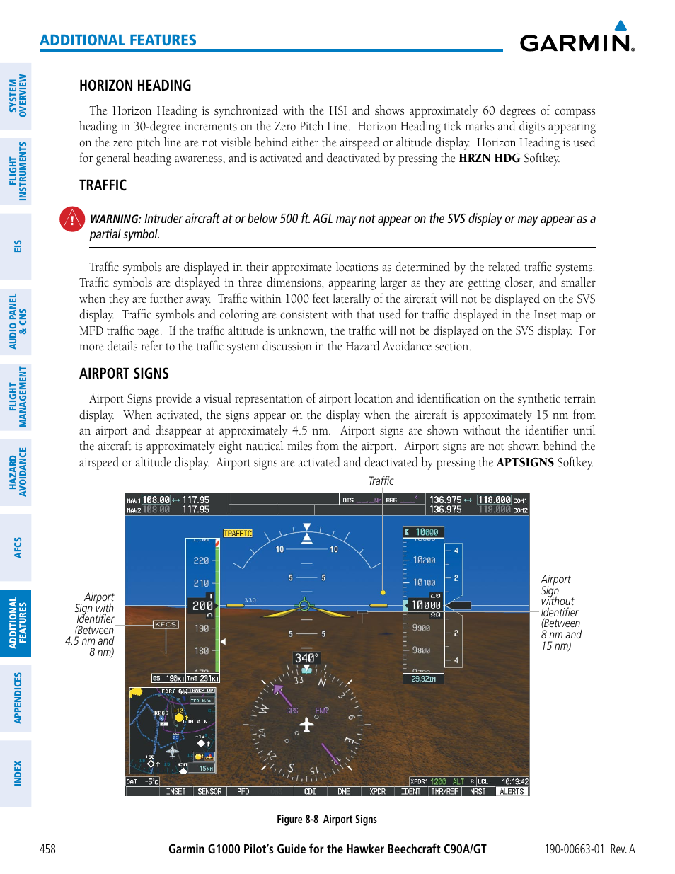 Additional features, Horizon heading, Traffic | Airport signs | Garmin G1000 King Air C90GT User Manual | Page 472 / 586