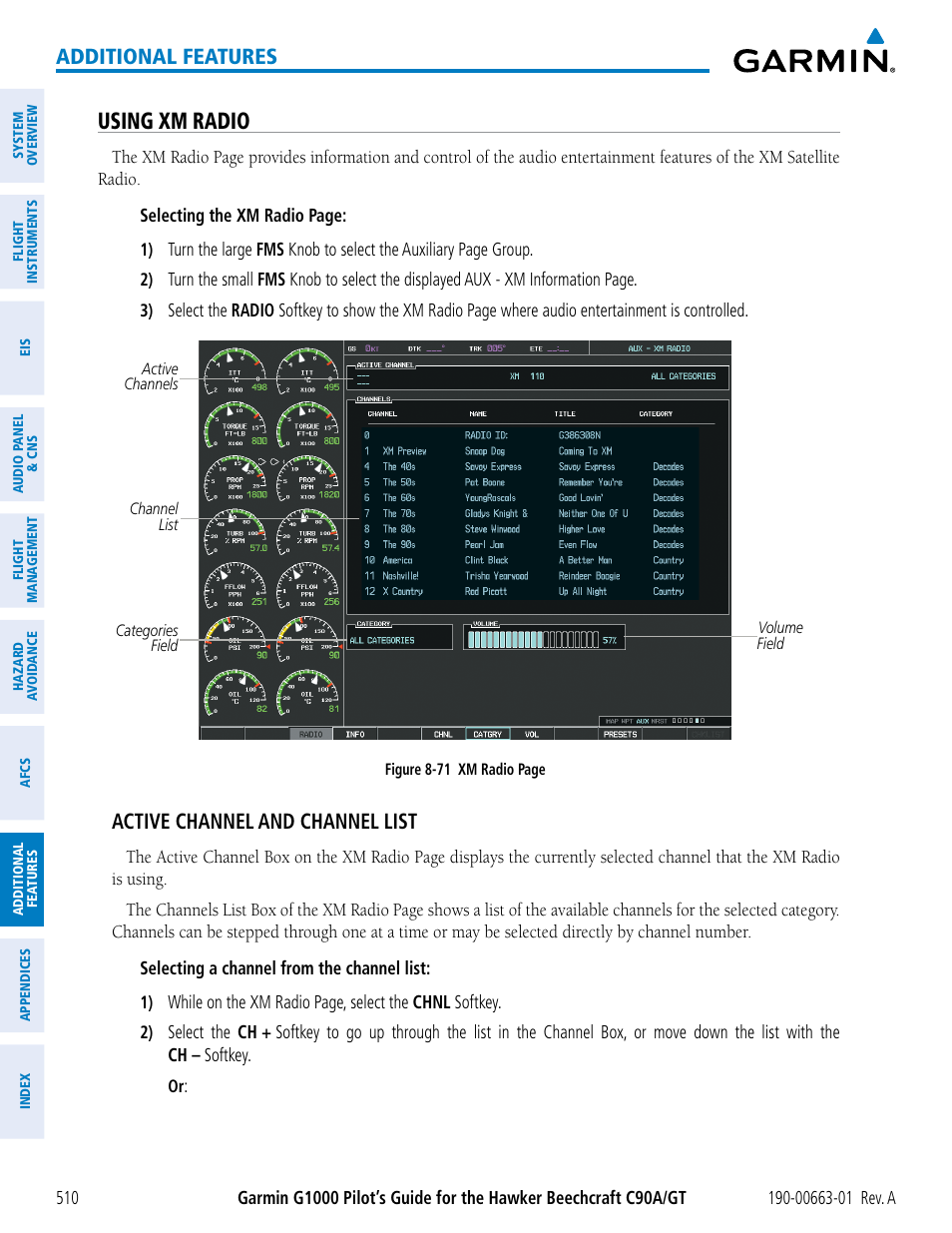 Using xm radio, Additional features, Active channel and channel list | Garmin G1000 King Air C90GT User Manual | Page 524 / 586
