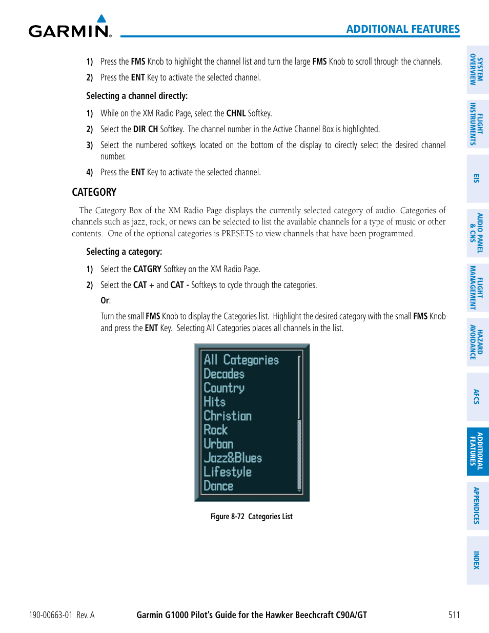 Additional features, Category | Garmin G1000 King Air C90GT User Manual | Page 525 / 586