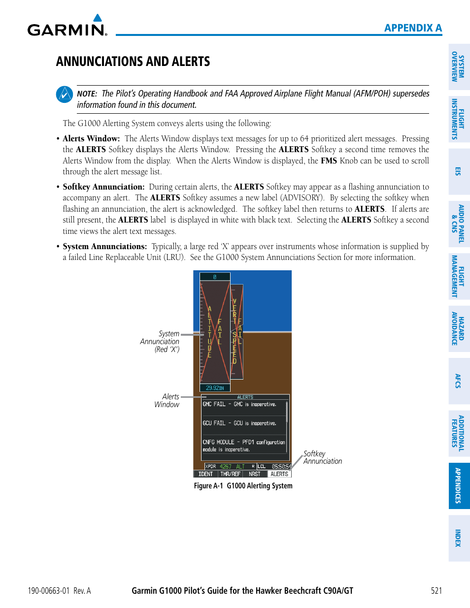 Appendices, Annunciations and alerts, Appendix a | Garmin G1000 King Air C90GT User Manual | Page 535 / 586