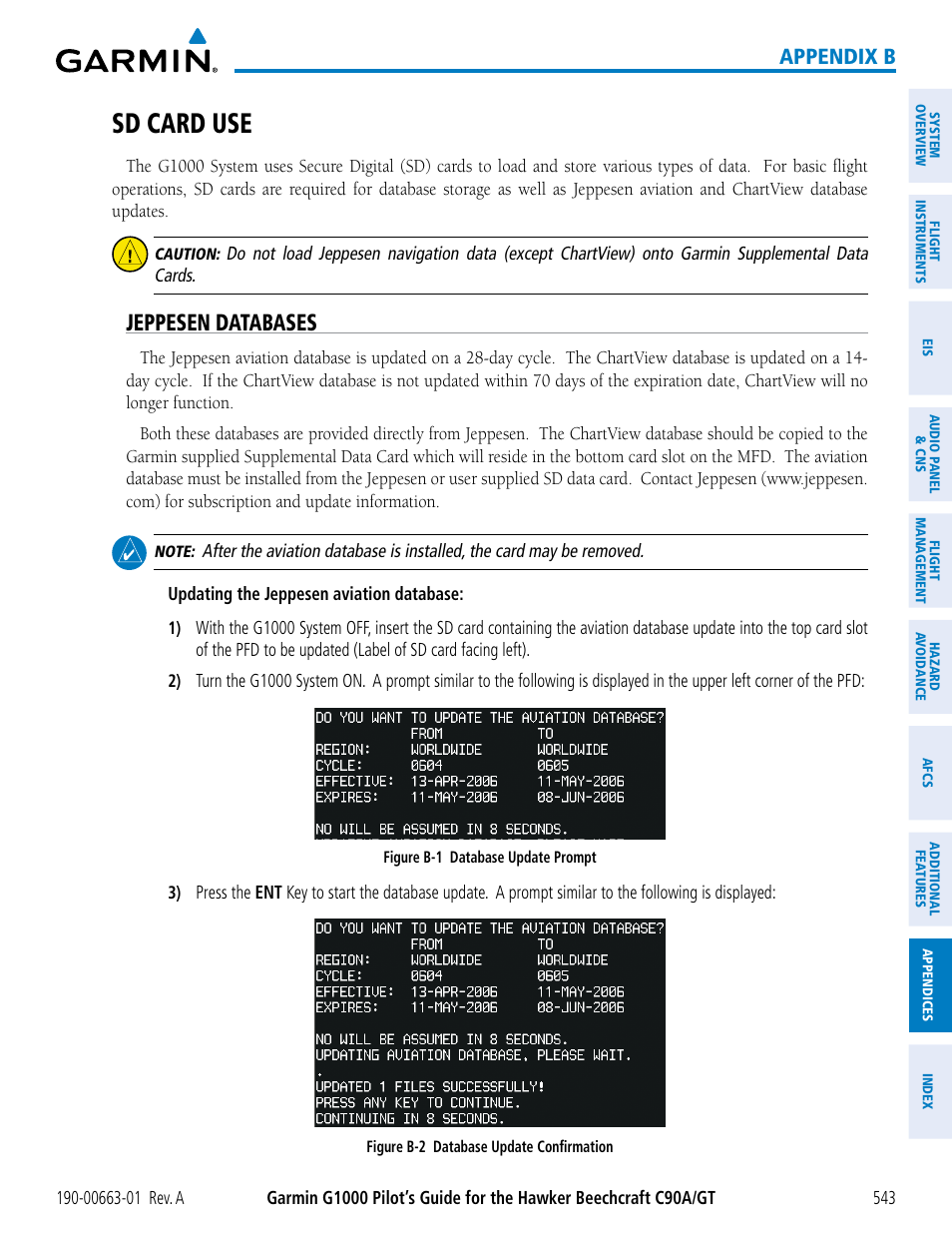 Sd card use, Jeppesen databases, Appendix b | Garmin G1000 King Air C90GT User Manual | Page 557 / 586