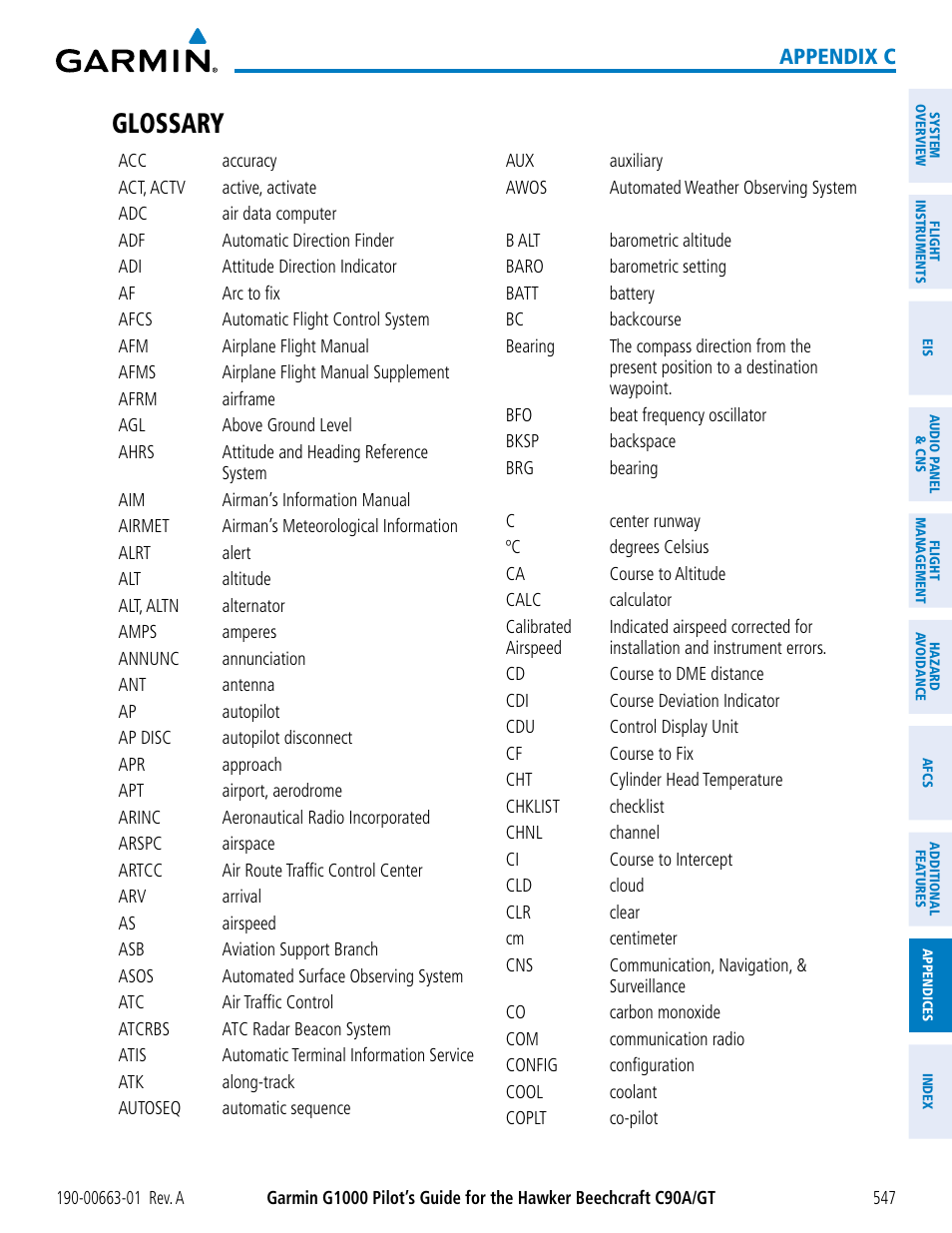 Glossary | Garmin G1000 King Air C90GT User Manual | Page 561 / 586