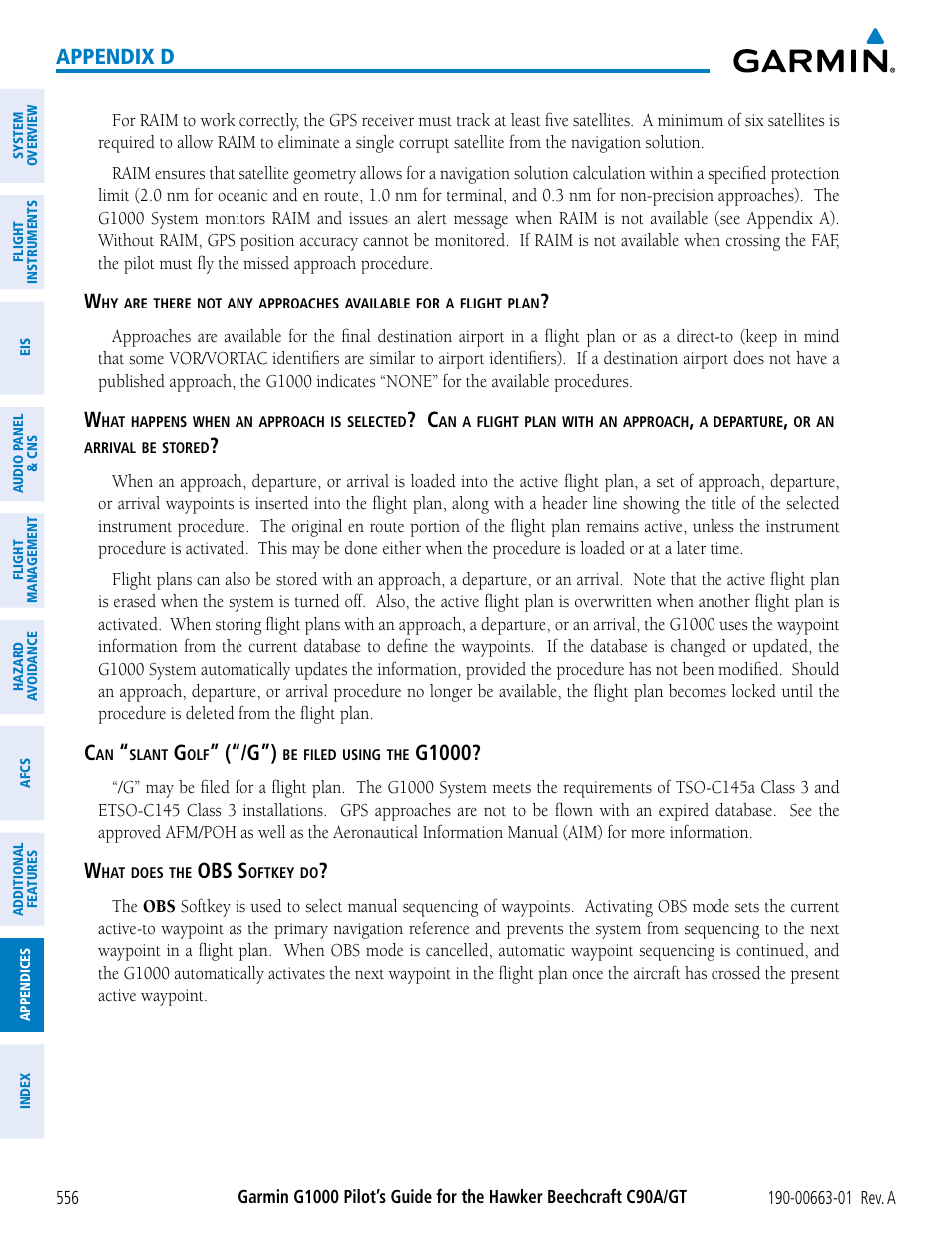 Appendix d, G1000, Obs s | Garmin G1000 King Air C90GT User Manual | Page 570 / 586