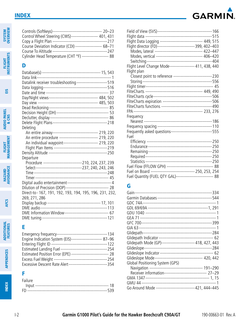Index | Garmin G1000 King Air C90GT User Manual | Page 580 / 586