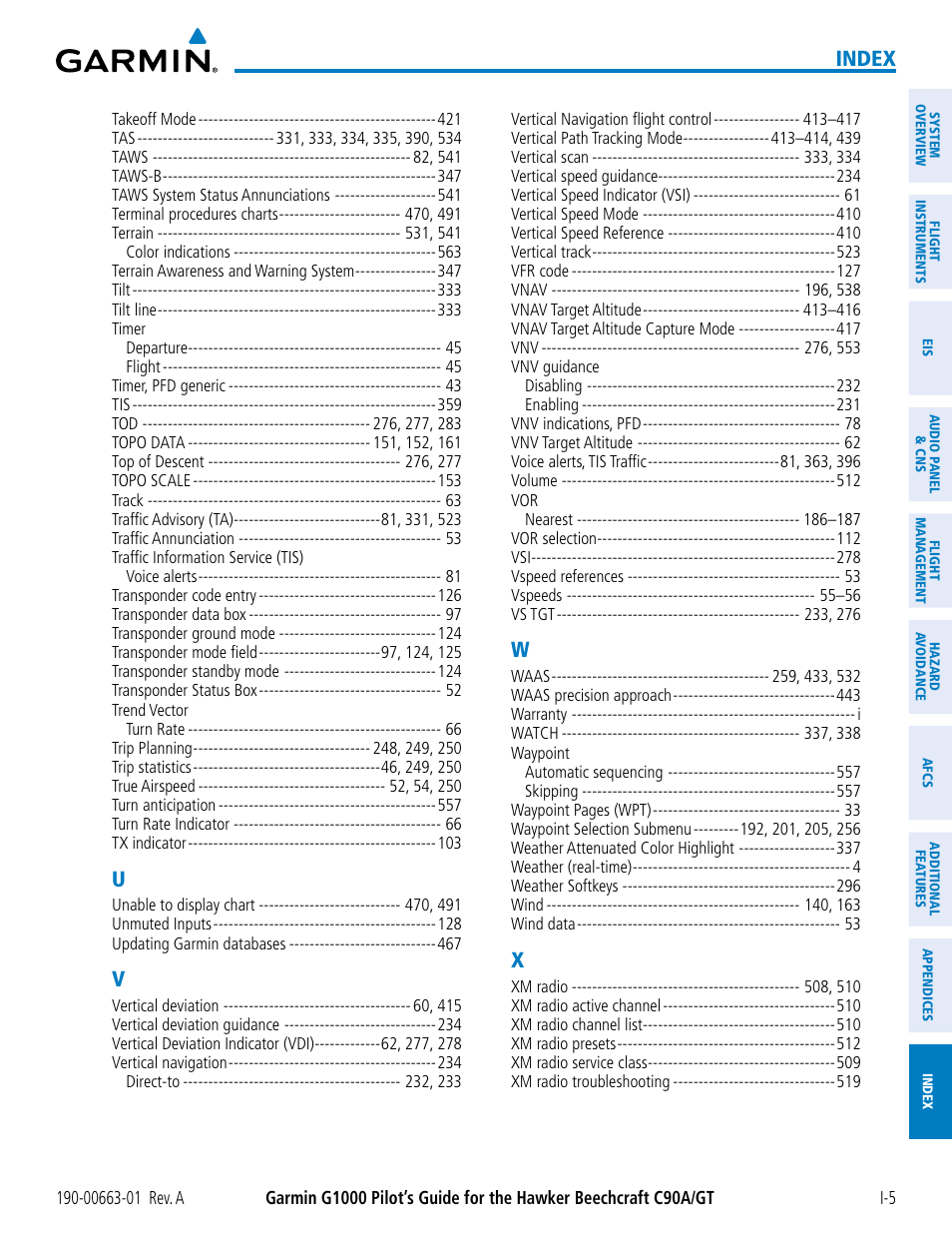 Index | Garmin G1000 King Air C90GT User Manual | Page 583 / 586