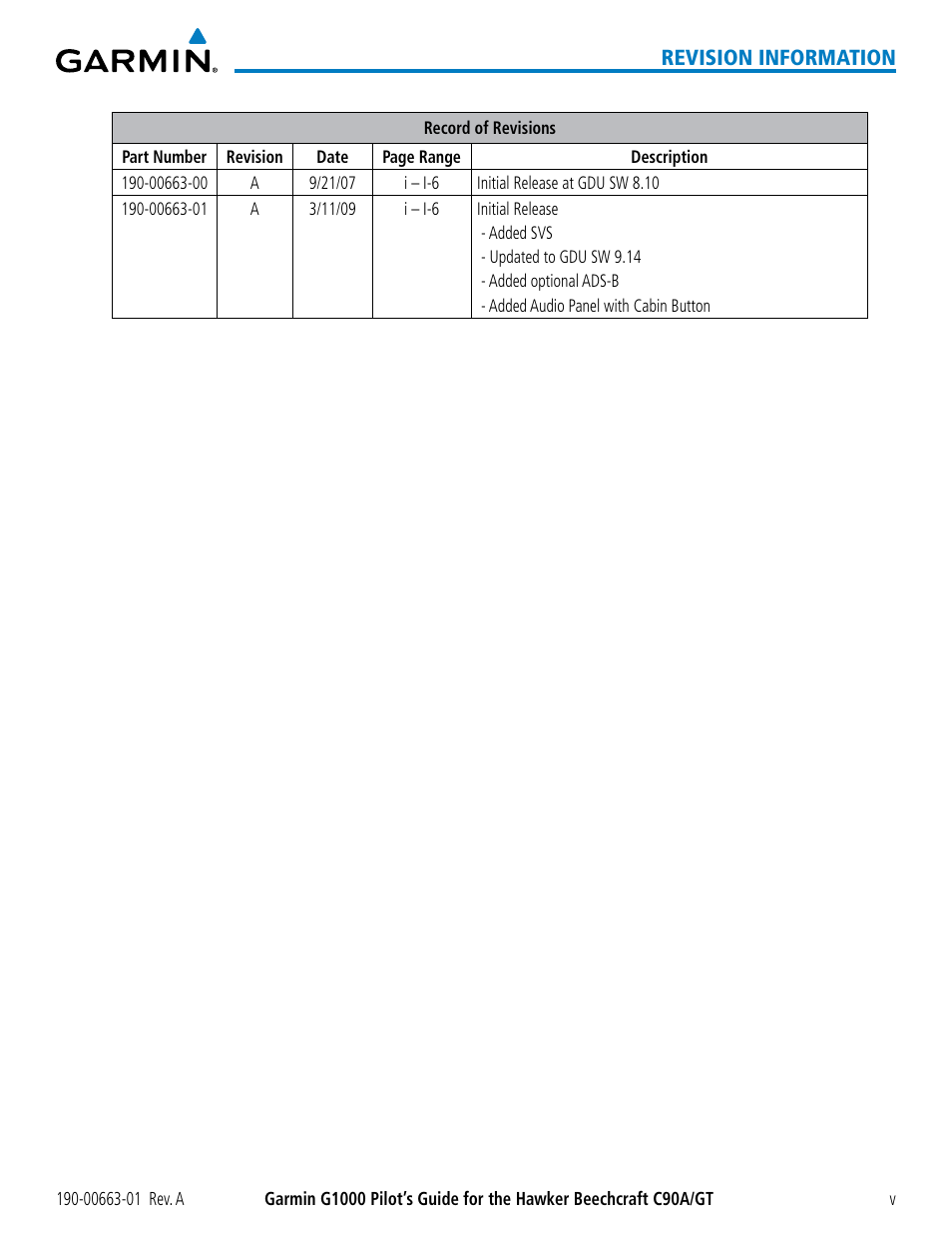 Revision information | Garmin G1000 King Air C90GT User Manual | Page 9 / 586