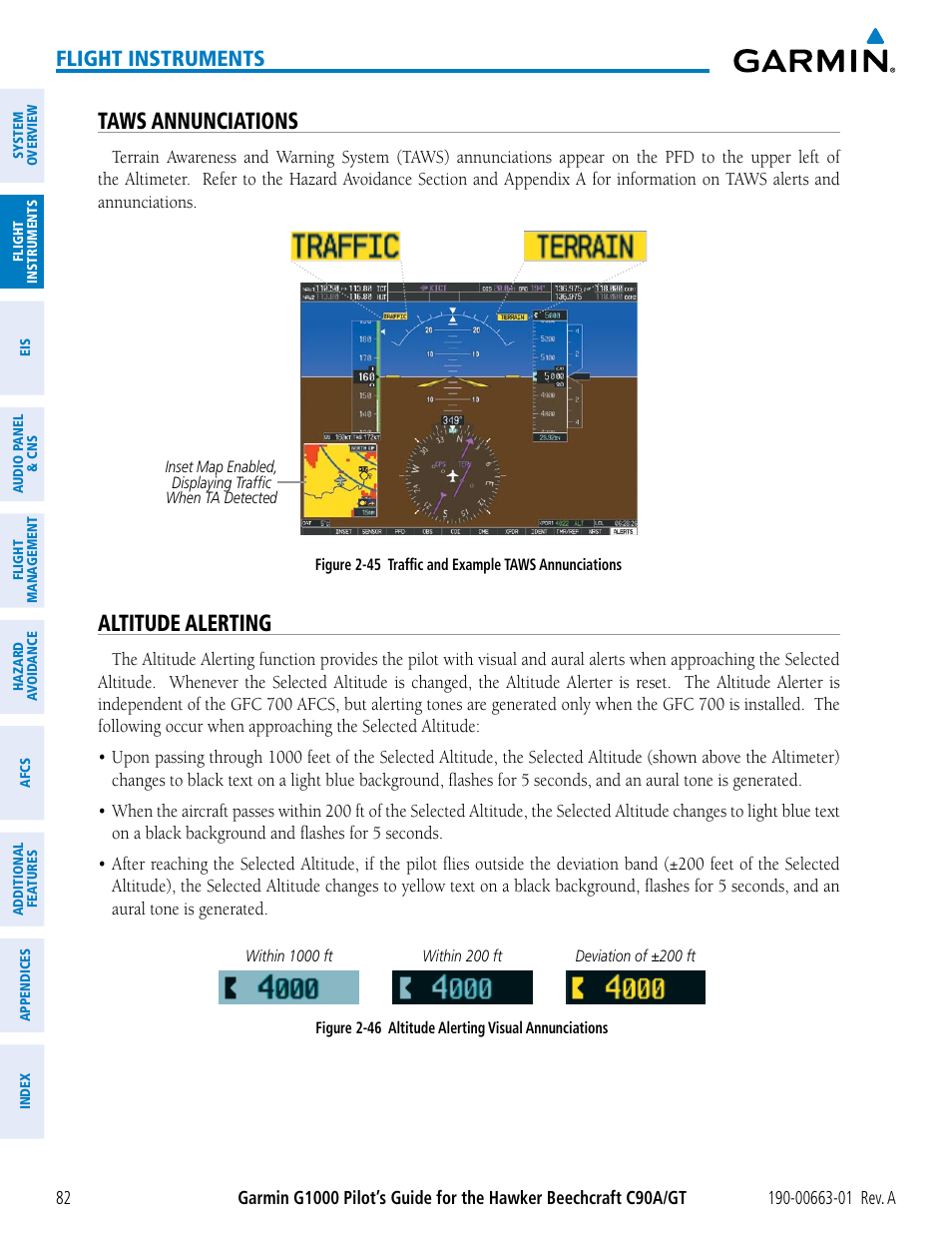 Taws annunciations, Altitude alerting, Flight instruments | Garmin G1000 King Air C90GT User Manual | Page 96 / 586