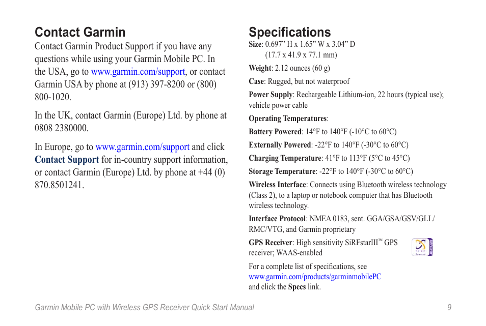 Contact garmin, Specifications | Garmin Mobile PC User Manual | Page 11 / 16