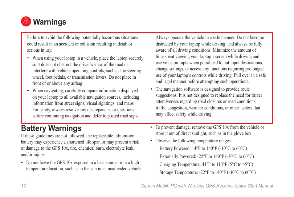 Warnings battery warnings | Garmin Mobile PC User Manual | Page 12 / 16