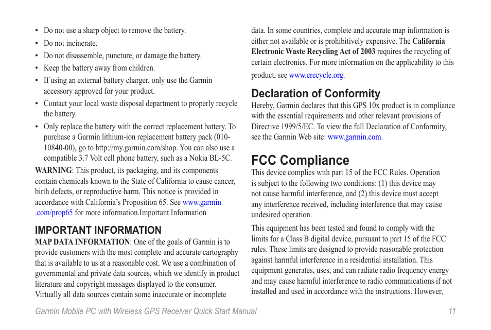 Fcc compliance, Declaration of conformity | Garmin Mobile PC User Manual | Page 13 / 16