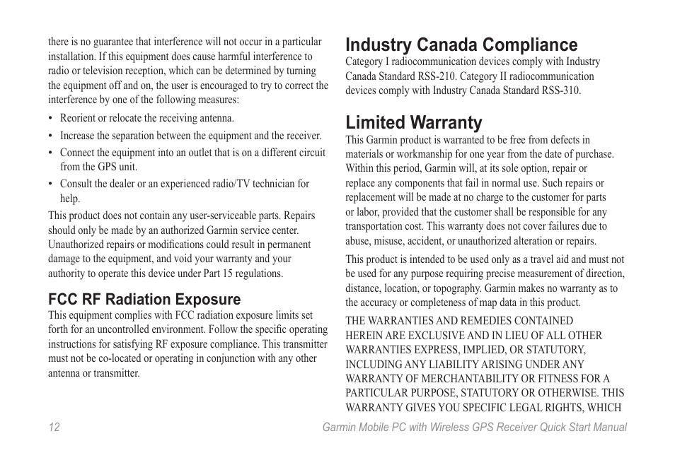 Industry canada compliance, Limited warranty, Fcc rf radiation exposure | Garmin Mobile PC User Manual | Page 14 / 16