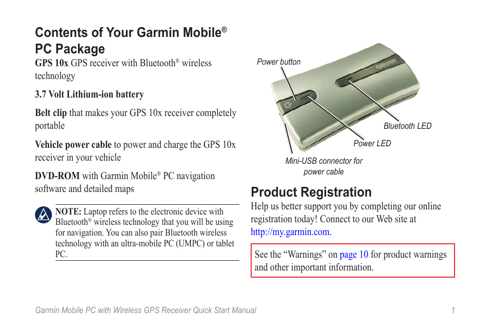 Contents of your garmin mobile, Pc package, Product registration | Garmin Mobile PC User Manual | Page 3 / 16