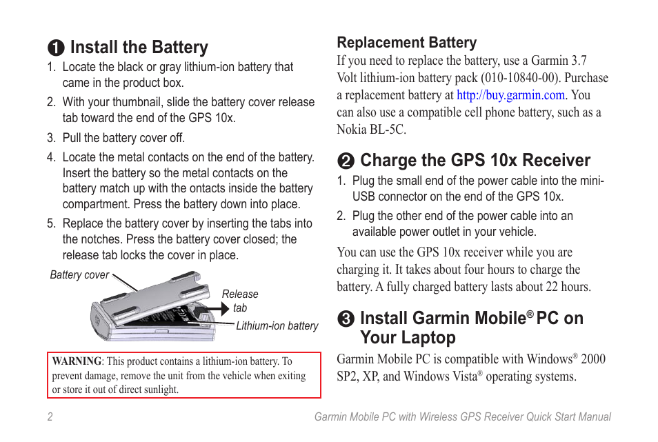 Install the battery, Charge the gps 10x receiver, Install garmin mobile | Pc on your laptop | Garmin Mobile PC User Manual | Page 4 / 16