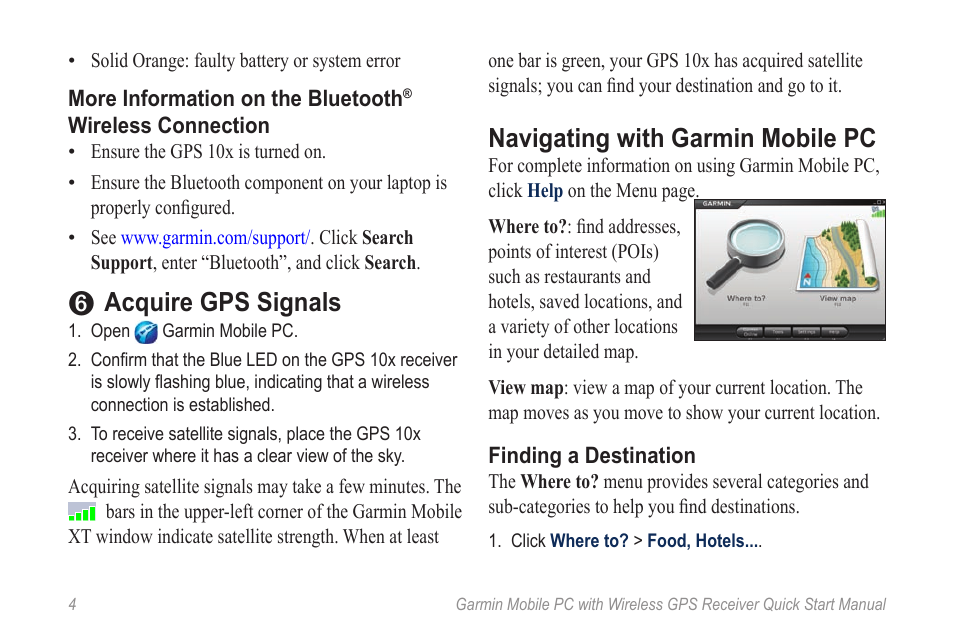 Acquire gps signals, Navigating with garmin mobile pc | Garmin Mobile PC User Manual | Page 6 / 16