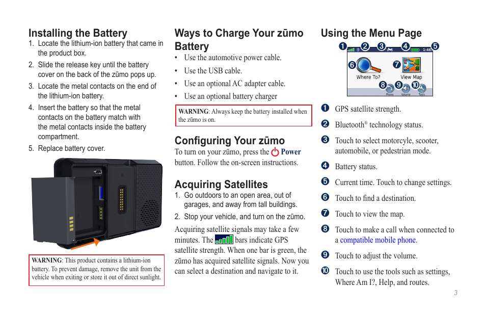 Installing the battery, Ways to charge your zūmo battery, Configuring your zūmo | Acquiring satellites, Using the menu page | Garmin zumo 660LM User Manual | Page 3 / 8