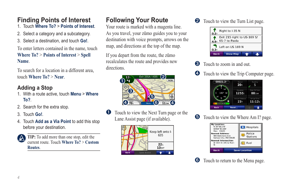 Finding points of interest, Following your route | Garmin zumo 660LM User Manual | Page 4 / 8