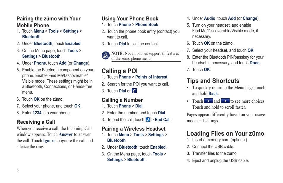 Calling a poi, Tips and shortcuts, Loading files on your zūmo | Garmin zumo 660LM User Manual | Page 6 / 8