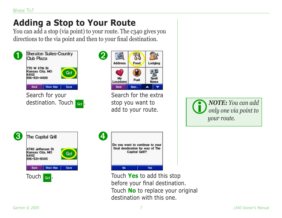 Adding a stop to your route | Garmin StreetPilot c340 User Manual | Page 11 / 44