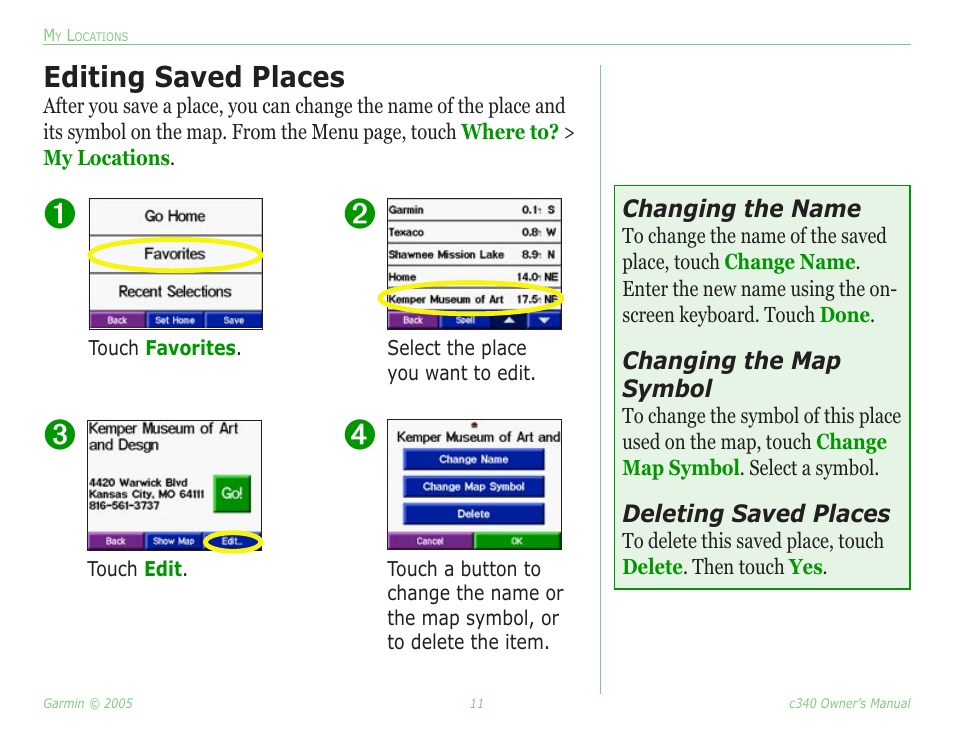 Editing saved places, Changing the name, Changing the map symbol | Deleting saved places | Garmin StreetPilot c340 User Manual | Page 15 / 44