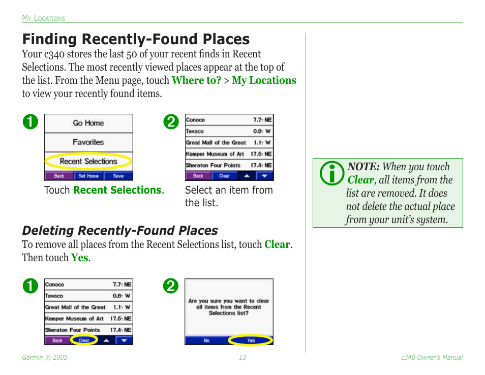 Finding recently-found places, Deleting recently-found places, Finding recently-found places 13 | Deleting recently-found places 13 | Garmin StreetPilot c340 User Manual | Page 17 / 44