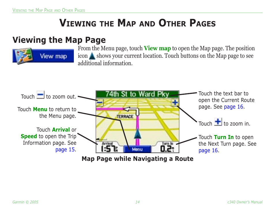 Viewing the map and other, Viewing the map page, Iewing | Ther, Ages | Garmin StreetPilot c340 User Manual | Page 18 / 44