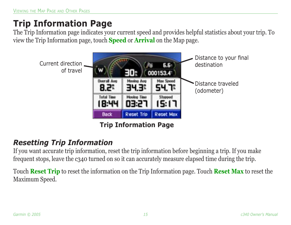 Trip information page, Resetting trip information | Garmin StreetPilot c340 User Manual | Page 19 / 44