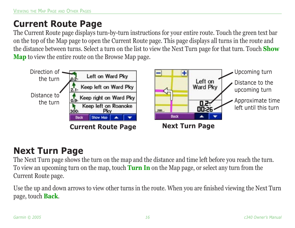 Current route page, Next turn page | Garmin StreetPilot c340 User Manual | Page 20 / 44