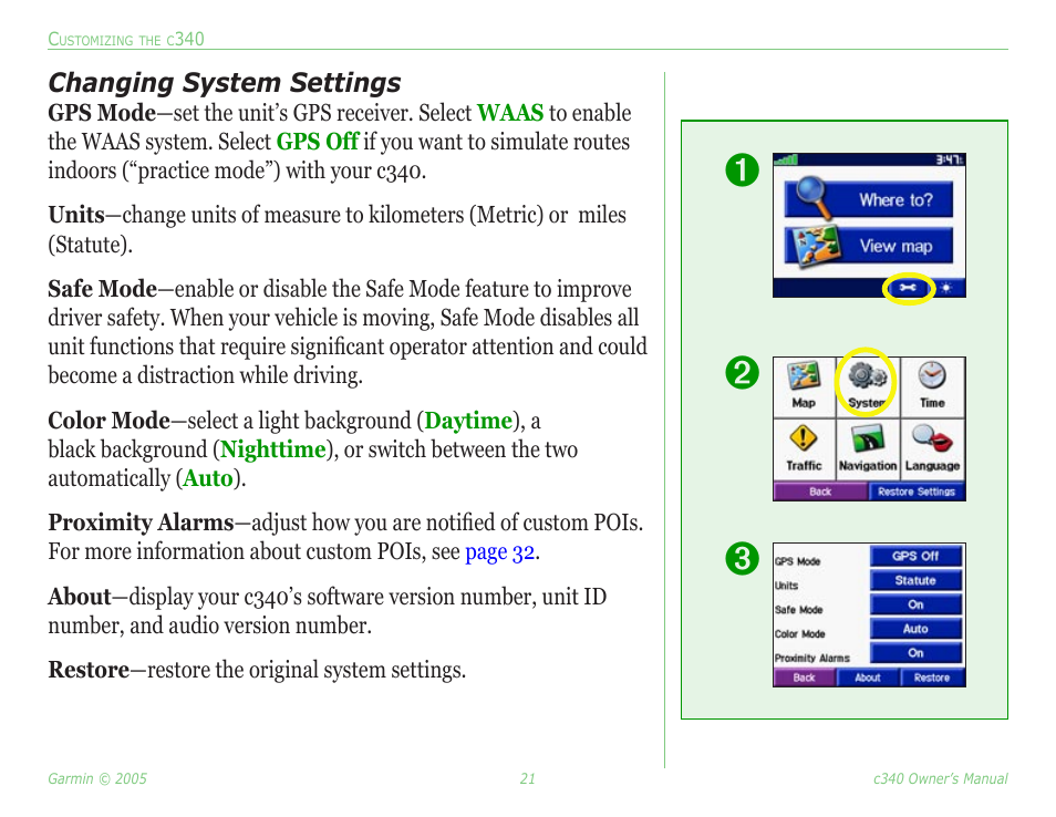 Changing system settings | Garmin StreetPilot c340 User Manual | Page 25 / 44