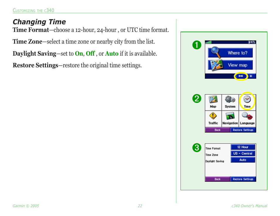 Changing time | Garmin StreetPilot c340 User Manual | Page 26 / 44